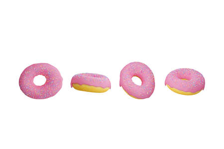 Pink glazed doughnut with icing and colorful sprinkles on light pink background. 3d rendering picture. Delicious fast food. Menu, poster, print, wrapping paper design element. Side, top view set.の写真素材