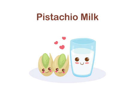 Kawaii Cartoon Pistachio Nuts and Glass of Milk vector illustration isolated on white background. Funny smiling food characters. Healthy vegan ingredient. Nut milk. Kids menu elements, t-shirt print.のイラスト素材