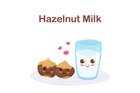 Kawaii Cartoon Hazelnuts and Glass of Milk vector illustration isolated on white background. Cute food characters. Healthy vegan ingredient. Nut milk. Menu elements, fabric print. Vegetarian protein.のイラスト素材