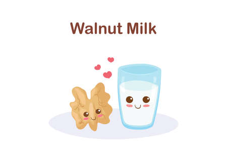 Kawaii Cartoon Walnut and Glass of Milk vector illustration isolated on white background. Cute adorable happy food characters. Healthy vegan ingredient. Nuts milk. Menu elements, fabric print, card.のイラスト素材