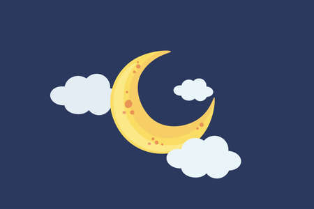 Cute Half Moon with clouds isolated on dark blue background. Calm serene illustrations for wallpaper, card, children room decoration. Cartoon greeting card. Night sky, bright moon. Sleep well concept.のイラスト素材