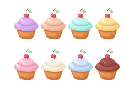 Cute Cupcakes with cherry of various flavours and colors isolated on white background. Adorable vector illustration in light colors. Easy to edit food set for cafe menu, fabric print, stickers, card.のイラスト素材