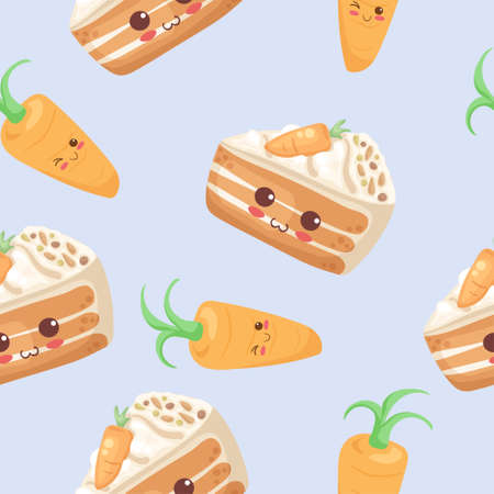 Funny Cute Carrot Cake characters seamless pattern. Happy smiling food mascot vector illustration isolated on light blue background. Wrapping paper, nursery, kids fabric print. Kawaii sweet dessert.のイラスト素材