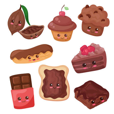 Kawaii food characters: brownie, chocolate bar, eclair, cupcake, cocoa beans, muffin, toast. Cute cartoon collection for print, stickers, cupcake decoration, baby shower. Food set isolated on white.のイラスト素材