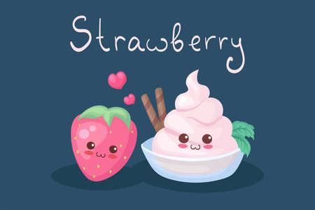 Cute Strawberry Ice Cream and Berry Characters with hand drawn lettering. Kawaii food characters. Children menu, fabric print, card, nursery decoration, baby shower invitation concept. Smiling sweets.のイラスト素材