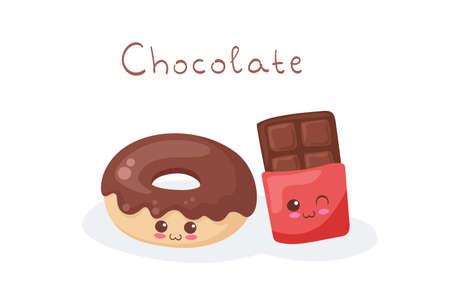 Kawaii funny cartoon chocolate donut and choco bar characters. Cute happy food mascot vector illustration isolated on white background. Kids menu, fabric print, card concept. Smiling comic food emoji.のイラスト素材