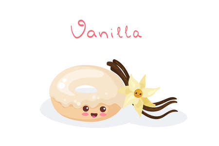 Cute illustration of Vanilla flavour donut with hand drawn lettering. Happy fast food characters isolated on white background. Smiling food elements for fabric print, kids menu, card, nursery.のイラスト素材