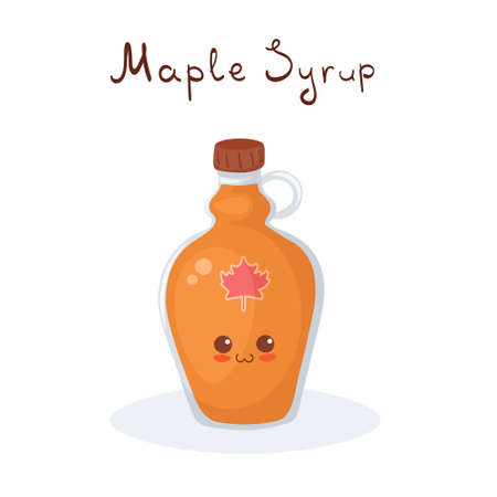 Cute illustration of Maple Syrup bottle with hand drawn lettering. Happy sweet dressing character isolated on white background. Smiling food element for fabric print, children menu, card, nursery.のイラスト素材