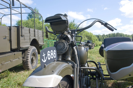 CHERNOGOLOVKA, MOSCOW REGION, RUSSIA -JUNE 21, 2013:  Japanese old military Rikuo motorcycle Type 97 at the 3rd international meeting of \"Motors of war\" near the city Chernogolovka, fragmentのeditorial素材