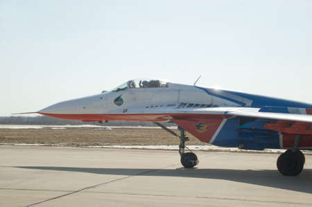 Moscow region, Kubinka, RUSSIA - April 19, 2013: Four Russian Su-27 aerobatic team "Russian knights" in flightのeditorial素材