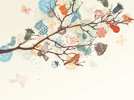 nature background. Ornate tree branch, flowers and birds background. のイラスト素材