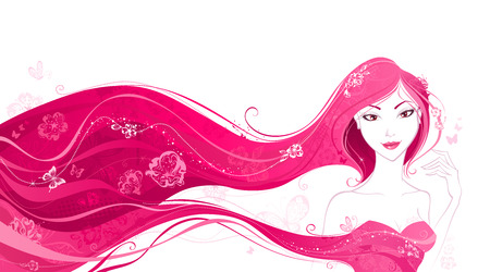 Spring woman. Grunge spring illustration isolated on a white background. Abstract elements, leaves, flowers in bloom, butterflies and patterns.のイラスト素材