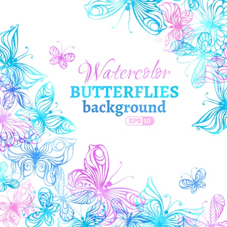 Watercolor colourful butterflies background. Vector illustration. There is place for your text in the center.のイラスト素材