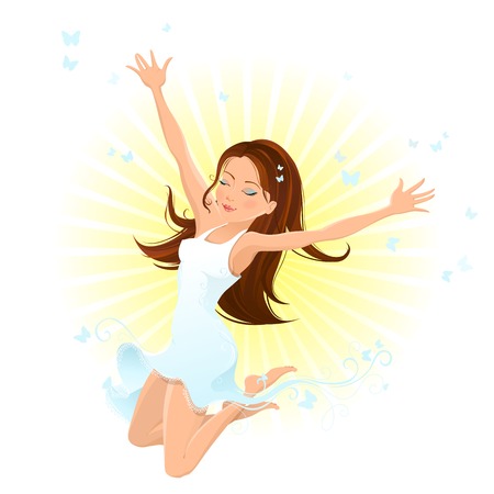 Happiness! Young beautiful woman jumping in the air against the sun. Isolated on white background. Happy Womenのイラスト素材