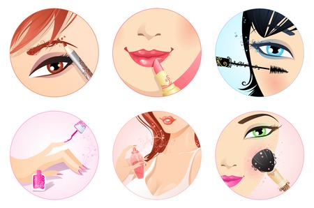 Make-up icon set. Health and beauty icons with floral vintage elements. Eyebrow pencil, lipstick, mascara, nail polish, perfume and rouge with brush.のイラスト素材