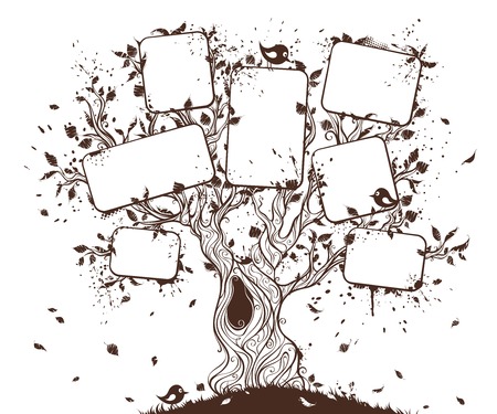 Grunge hand-drawn tree. Duotone ink tree with blobs. There is place for your text in foliage.のイラスト素材