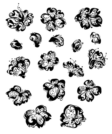 Vector set of spring flowers. Hand-drawn ornate flowers isolated on a white background. Black and white illustration.のイラスト素材