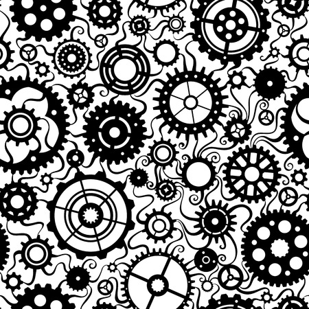 Seamless pattern of gears. Set of various black gears on white background.のイラスト素材