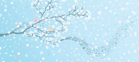 Melody of Spring. Tree in bloom with notes on its branches. Spring background with place for your text on the right. All elements are on separate layers.のイラスト素材