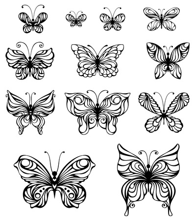 Vector set of vintage butterflies. Hand-drawn ornate butterflies isolated on white background.のイラスト素材