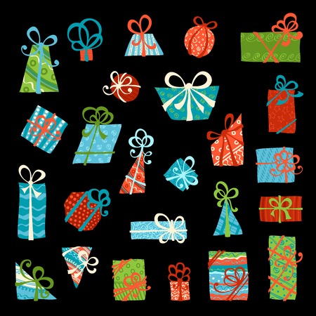 Vector set of gift boxes. Hand-drawn bright design elements isolated on black background.のイラスト素材