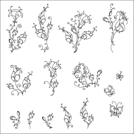Set of vintage flowers and butterflies. Ornate linear floral design elements for your design isolated on white background.のイラスト素材