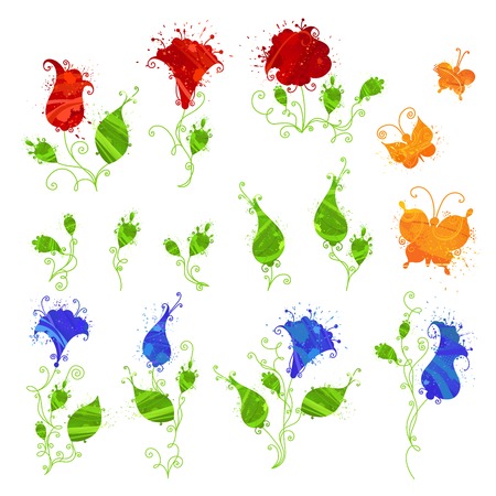 Set of watercolour flowers and butterflies. Ornate floral design elements for your design isolated on white background.のイラスト素材