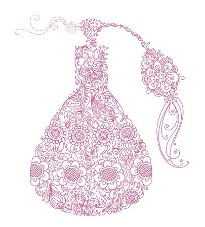 Floral perfume. Illustration with linear floral elements and patterns isolated on white background.のイラスト素材
