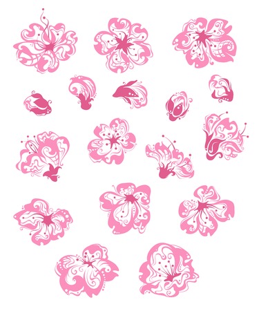 Vector set of spring flowers. Hand-drawn ornate flowers isolated on a white background.のイラスト素材