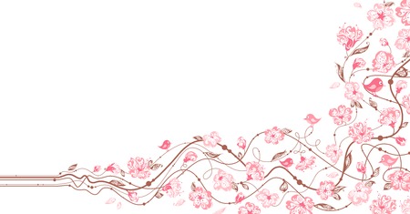 Spring floral ornament. Hand-drawn ornate flowers in bloom on a branch. There is place for your text on white area.のイラスト素材