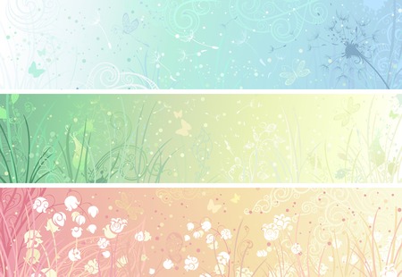 Set of floral banners. Three banners for your design. Dandelion, flowers, grass, butterflies in pastel colours. There are places for your text.のイラスト素材