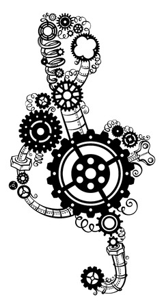Treble clef made of gears. Treble clef of various  gears, pipes and springs. Isolated on white background.のイラスト素材
