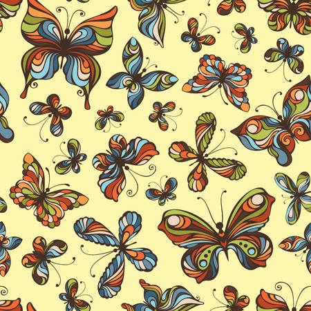 Vector seamless pattern of butterflies. Colourful butterflies on light background.のイラスト素材