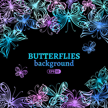 Watercolor butterflies background. Dark vector illustration. There is place for your text in the center.のイラスト素材
