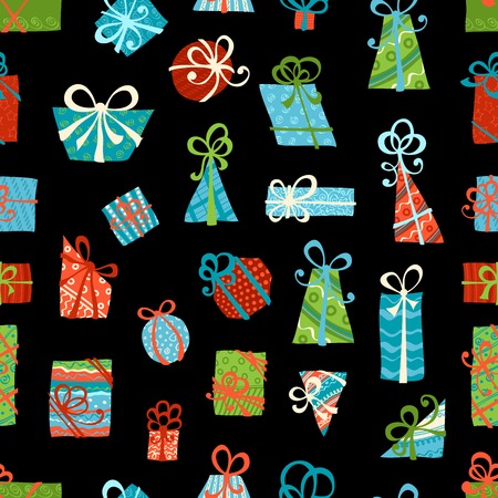 Seamless pattern of gift boxes. Bright various boxes on black background. Vector illustration.のイラスト素材