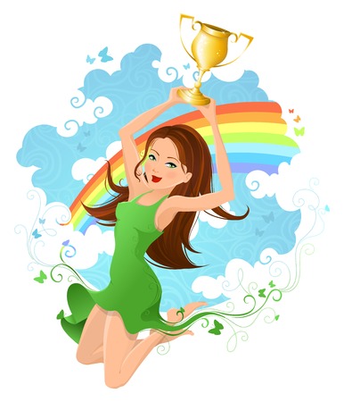 I win! Woman raising the winning trophy in her hands overhead.のイラスト素材
