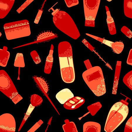 Seamless pattern of cosmetics. Hand-drawn elements of body care and cosmetics with vintage ornament.のイラスト素材