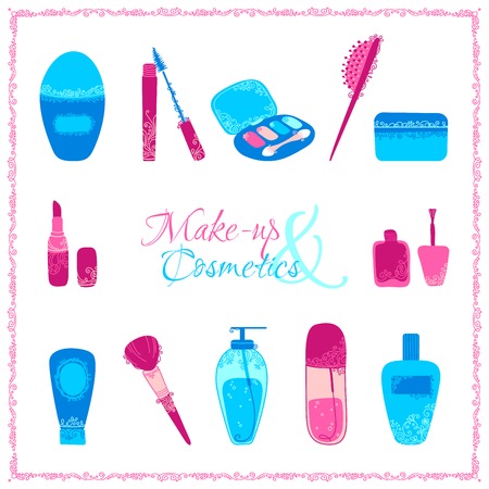 Make-up and cosmetics icon set. Hand-drawn elements of body care and cosmetics with vintage ornament isolated on white background.のイラスト素材