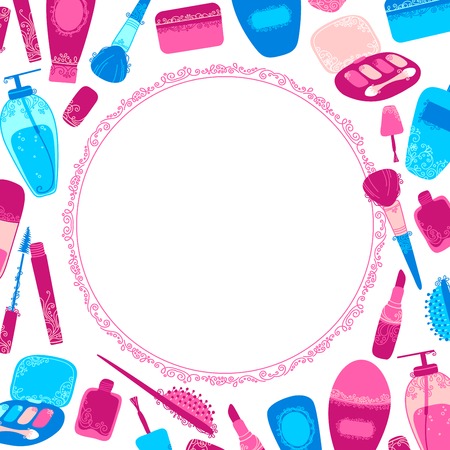 Health and beauty background. Hand-drawn elements of make-up and cosmetics with vintage ornament. There is place for your text in the center.のイラスト素材