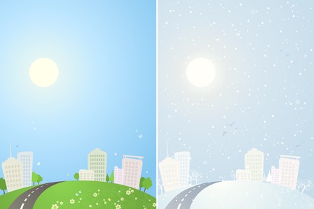 Summer and winter city backgrounds. The same city in summer and in winter time. There is place in the sky for your text.のイラスト素材