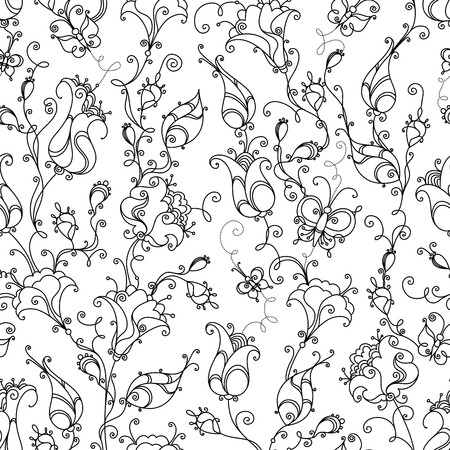 Seamless linear floral pattern. Black and white floral pattern with butterflies for your design.のイラスト素材