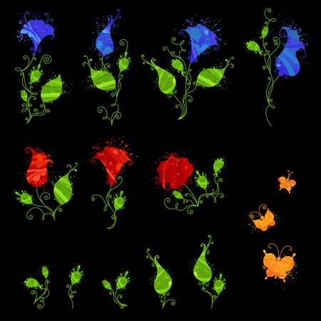 Set of watercolor flowers, leaves and butterflies. Ornate watercolour floral elements isolated on black background.のイラスト素材