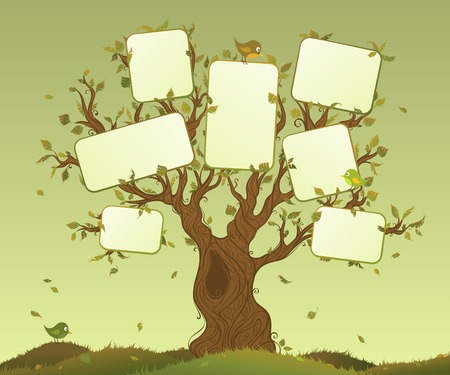 Blank tablets on a tree. Tree and blank places for your text in foliage.のイラスト素材