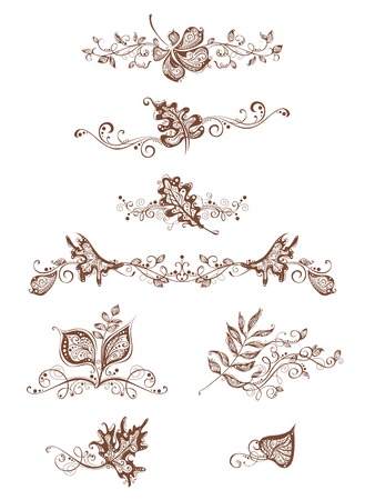 Vintage page decorations with leaves. Ornate design elements, vintage page decorations and dividers, flourishes. Isolated on white background.のイラスト素材