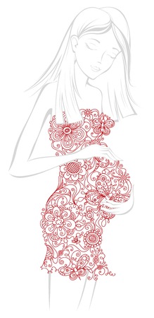 Pregnant woman in floral dress. Pregnant woman holding her hands on her belly.のイラスト素材