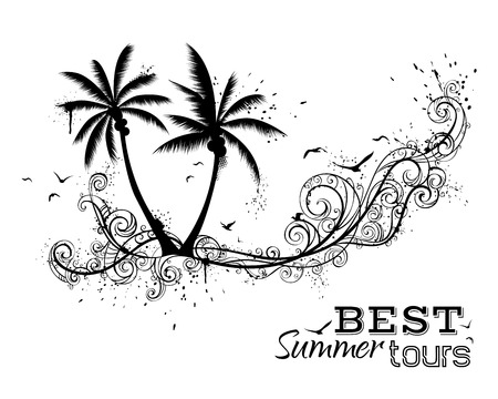 Black and white tropical illustration. Grunge vector design element with ornate waves. There is copy place for text.のイラスト素材