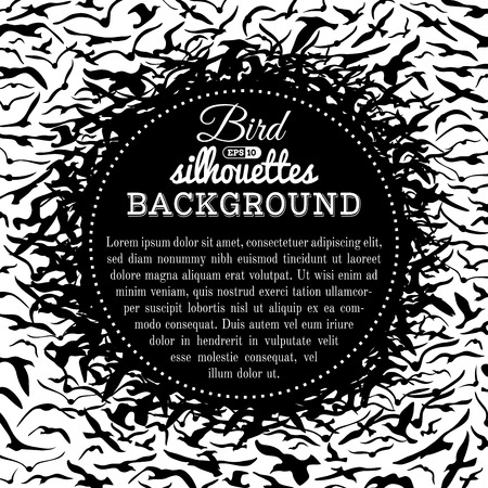 Vector bird silhouettes background. Black and white background. There is copy space for text in the center.のイラスト素材