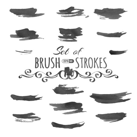 Black watercolor brush strokes. Vector various scribbles and stains isolated on white background.のイラスト素材