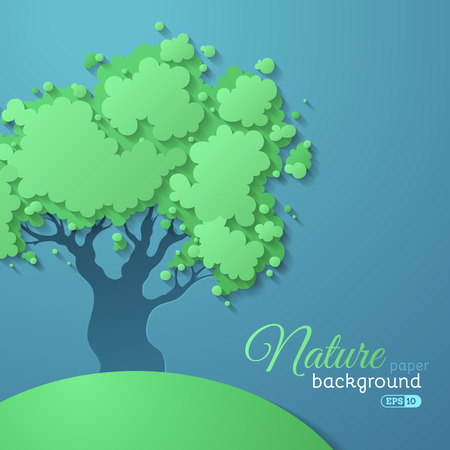 Paper nature background. Green vector tree on blue paper background. There is place for text.のイラスト素材