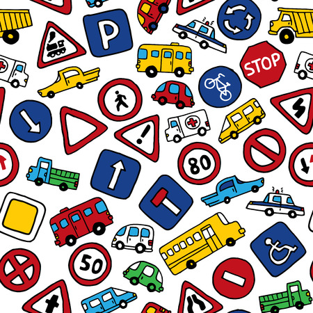 Seamless pattern of doodles road signs and cars. Vector bright background in cartoon style. Can be used for children wallpapers web site background or wrapping paper.のイラスト素材